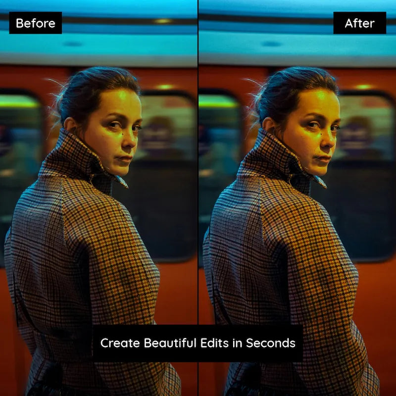 Before and after night portrait edited with CineStill 800T Lightroom presets creating teal shadows and warm orange highlights