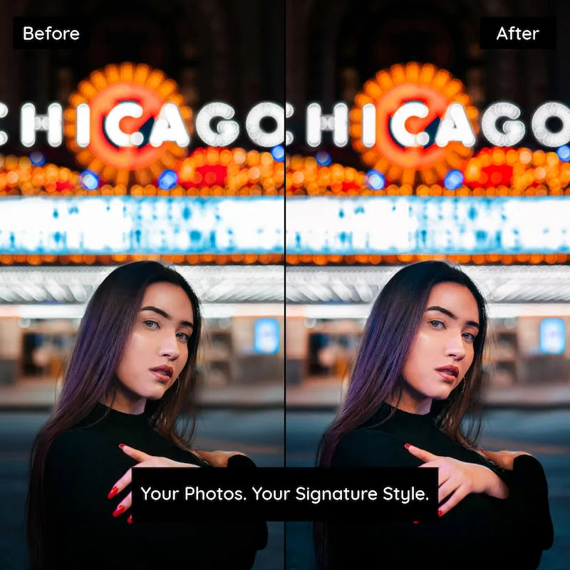 Before and after city portrait edited with CineStill 800T Lightroom presets featuring neon lights and cinematic nighttime color