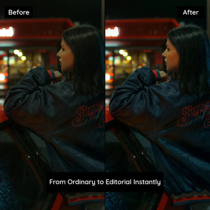 Before and after urban night portrait edited with CineStill 800T Lightroom presets showing moody shadows and red-orange glow