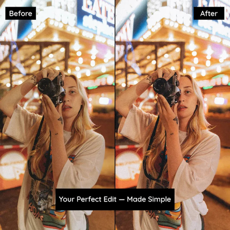 Before and after nighttime portrait edited with CineStill 800T Lightroom presets enhancing warm lights and analog film tones