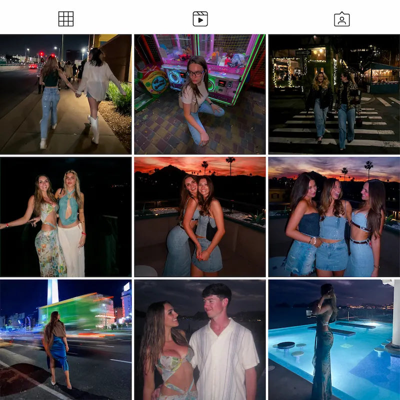 Photo grid preview edited with CineStill 800T Lightroom presets showing cinematic tones across night and urban photography