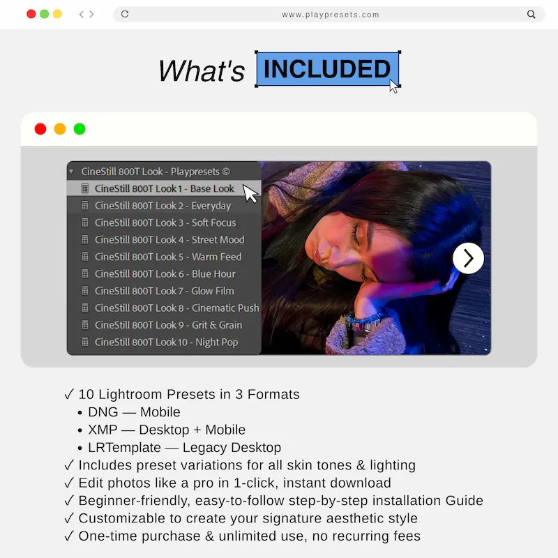 What’s included in CineStill 800T Lightroom presets collection showing 10 presets and files for mobile and desktop