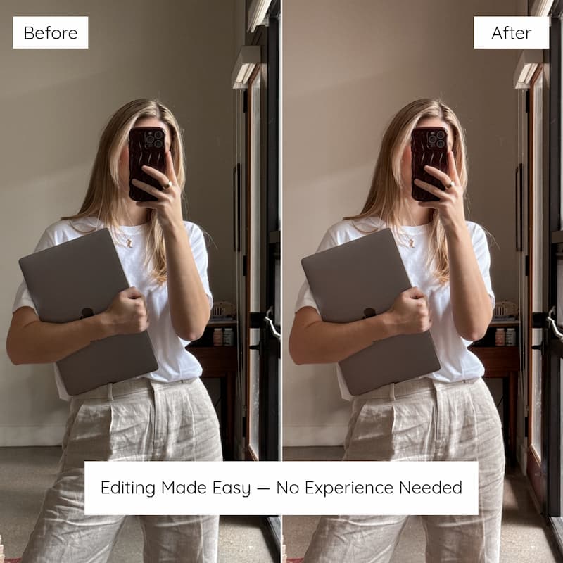 Before and after mirror selfie edited with Clean Girl Lightroom presets showing soft glow and airy neutral tones