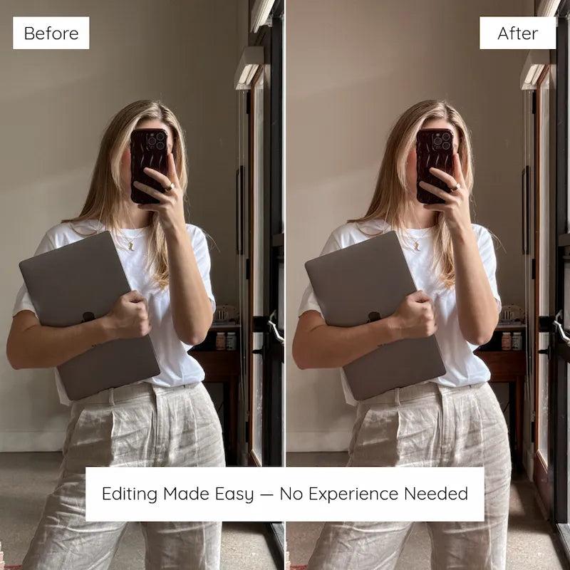 Before and after mirror selfie edited with Clean Girl Lightroom presets showing soft glow and airy neutral tones