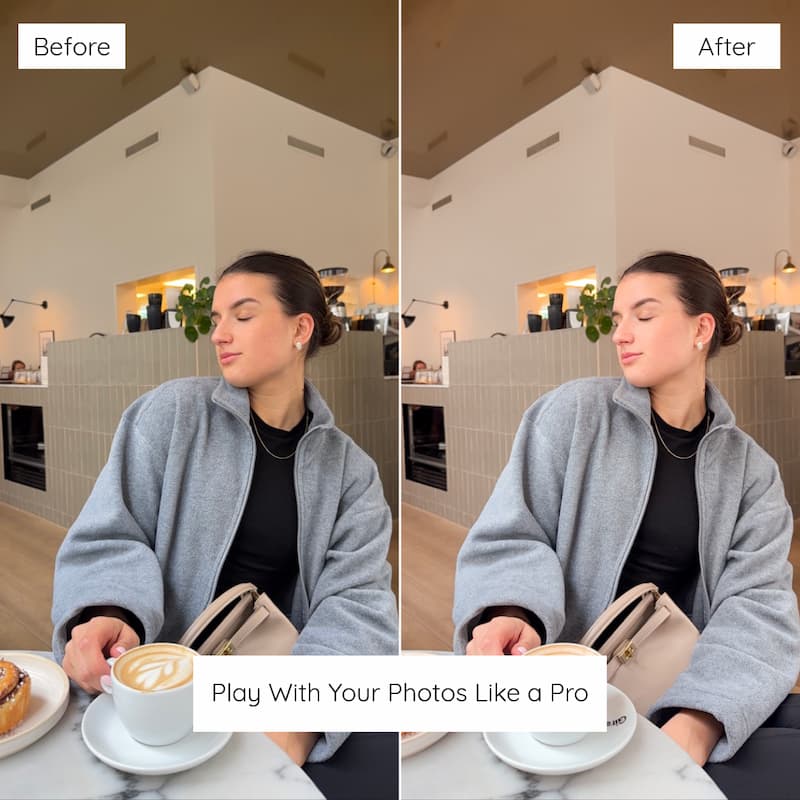 Before and after lifestyle photo edited with Clean Girl Lightroom presets showing creamy whites and natural skin tones