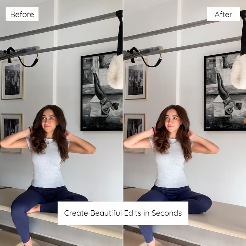 Before and after indoor fitness photo edited with Clean Girl Lightroom presets showing clean brightness and soft contrast