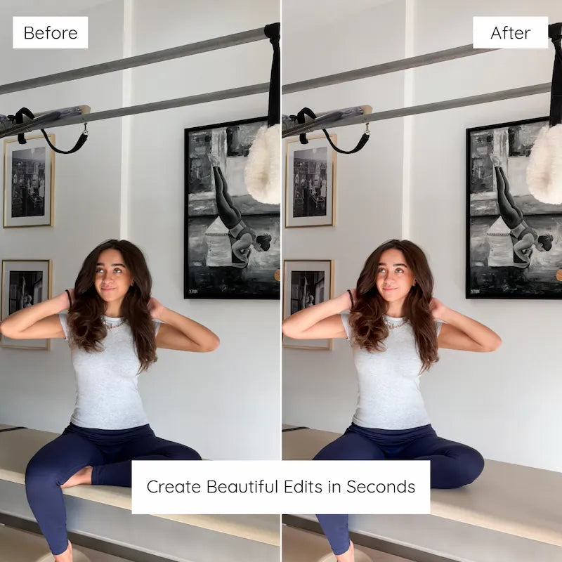 Before and after indoor fitness photo edited with Clean Girl Lightroom presets showing clean brightness and soft contrast