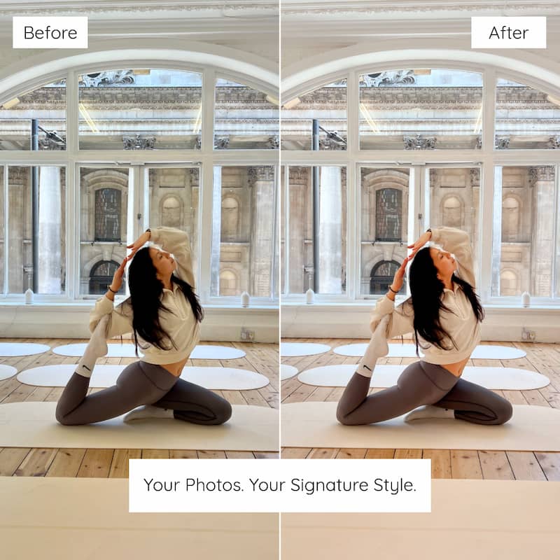 Before and after yoga photo edited with Clean Girl Lightroom presets showing bright highlights and soft warm tones