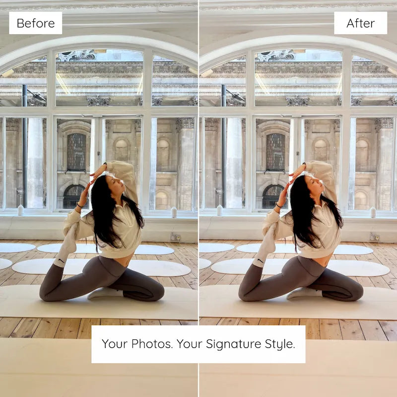 Before and after yoga photo edited with Clean Girl Lightroom presets showing bright highlights and soft warm tones