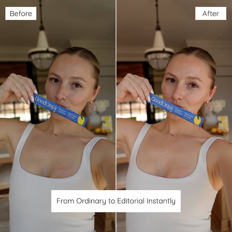 Before and after beauty portrait edited with Clean Girl Lightroom presets showing glowing skin and minimal aesthetic tones