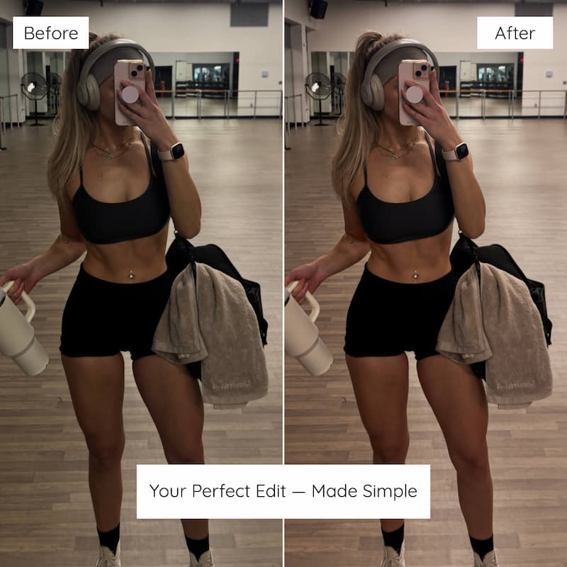 Before and after gym selfie edited with Clean Girl Lightroom presets showing soft beige tones and polished lighting