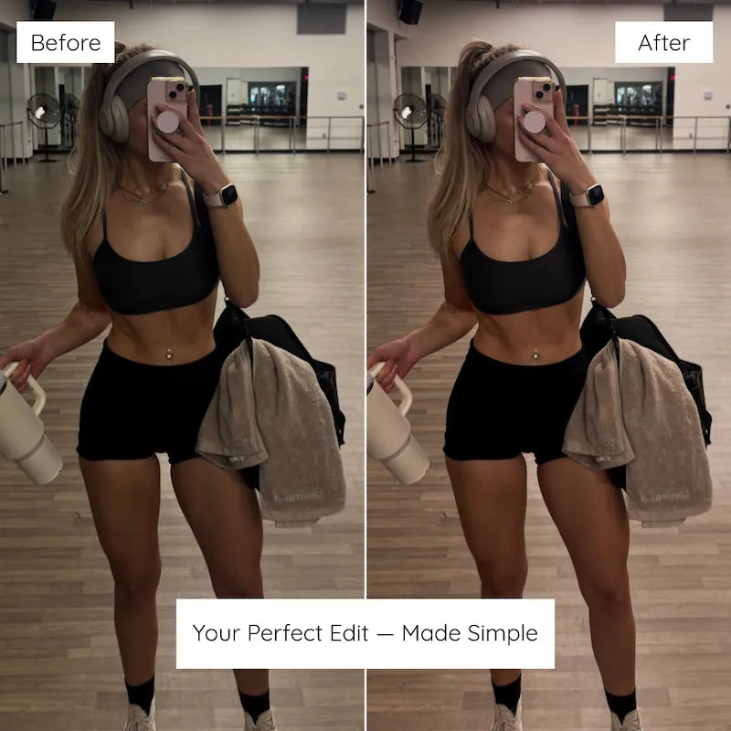 Before and after gym selfie edited with Clean Girl Lightroom presets showing soft beige tones and polished lighting