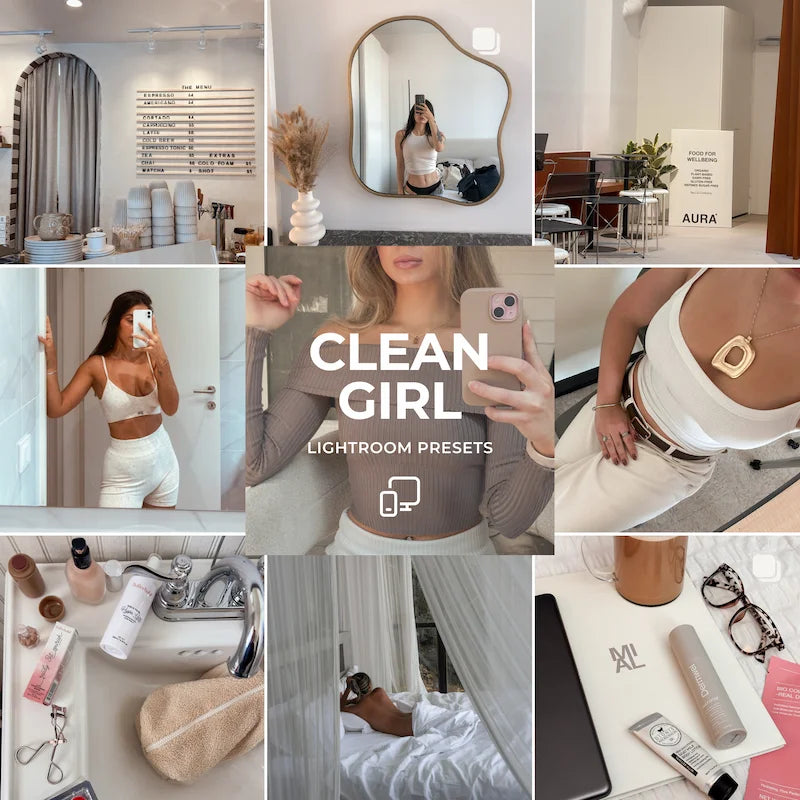 Clean Girl Lightroom presets cover image showing bright airy tones and modern beauty lifestyle aesthetic