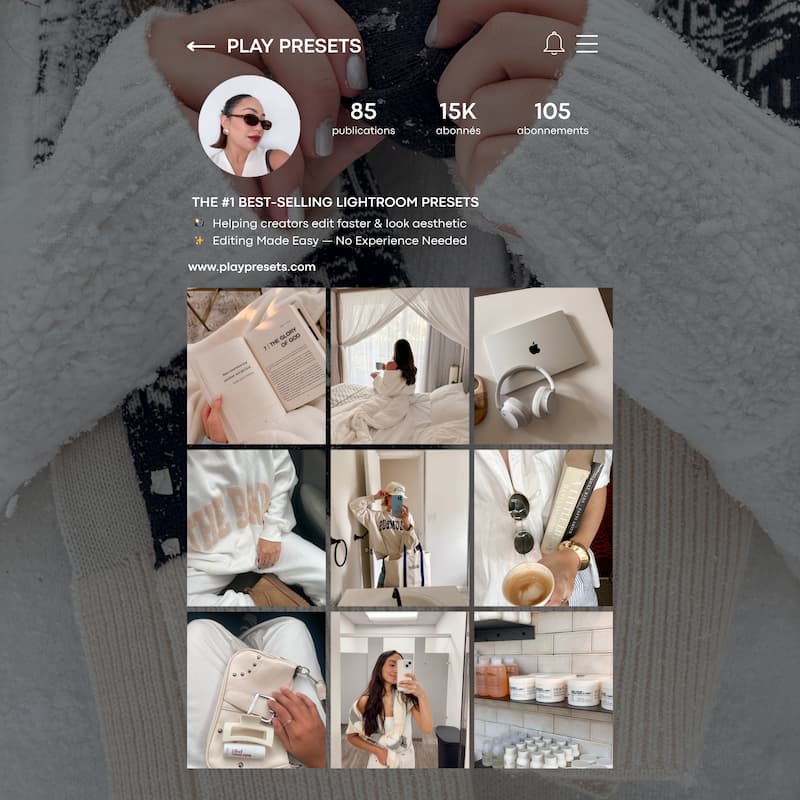 Instagram feed preview edited with Clean Girl Lightroom presets showing cohesive neutral tones and clean aesthetic style