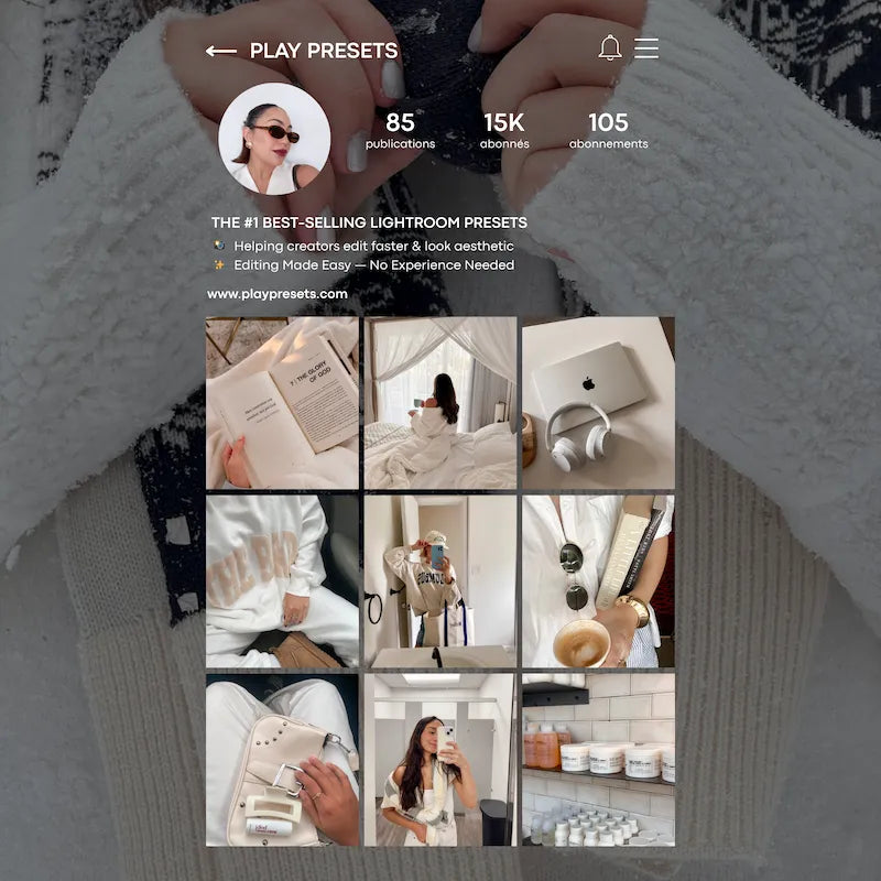 Instagram feed preview edited with Clean Girl Lightroom presets showing cohesive neutral tones and clean aesthetic style