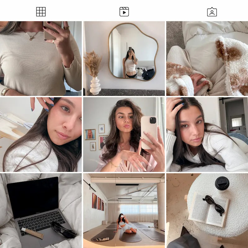 Photo grid preview edited with Clean Girl Lightroom presets showing consistent airy tones across beauty and lifestyle photos