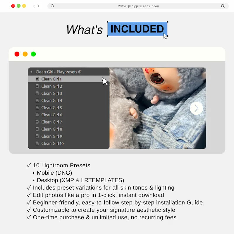 What’s included in Clean Girl Lightroom presets collection showing preset files and variations for mobile and desktop