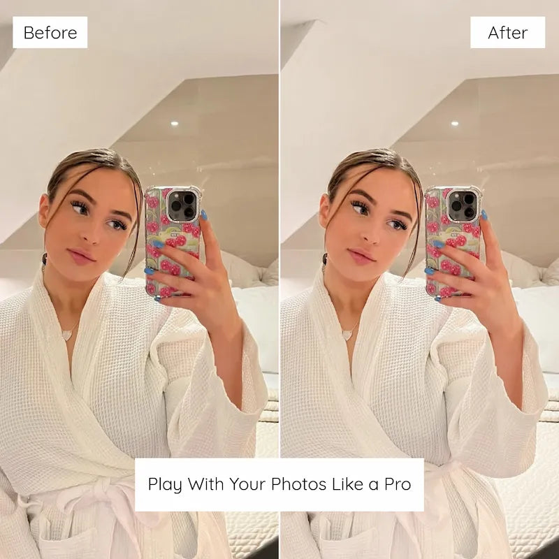 Before and after mirror selfie edited with Clean Lightroom presets featuring clean whites, natural skin tones, and balanced indoor light