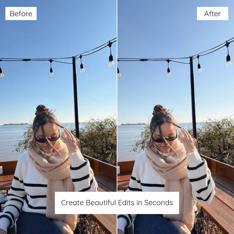 Before and after outdoor lifestyle photo edited with Clean Lightroom presets showing natural color, balanced daylight, and subtle clean contrast