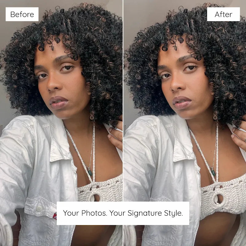 Before and after portrait edited with Clean Lightroom presets featuring natural skin tones, balanced color, and a polished true-to-life finish