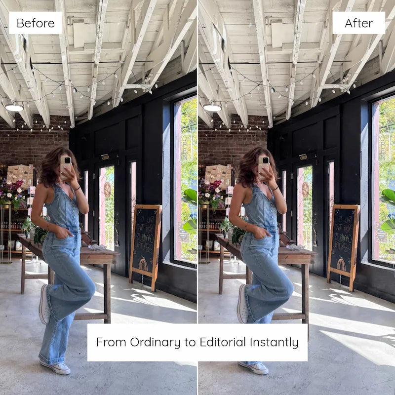 Before and after lifestyle photo edited with Clean Lightroom presets showing crisp whites, balanced shadows, and natural indoor color