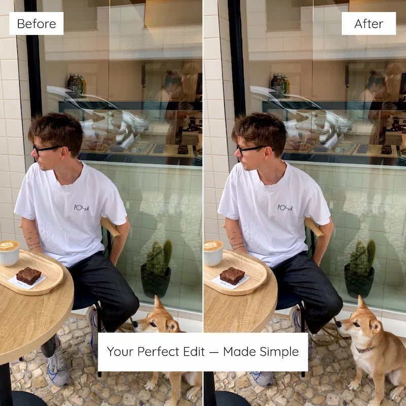 Before and after café lifestyle photo edited with Clean Lightroom presets featuring balanced light, natural color, and subtle contrast