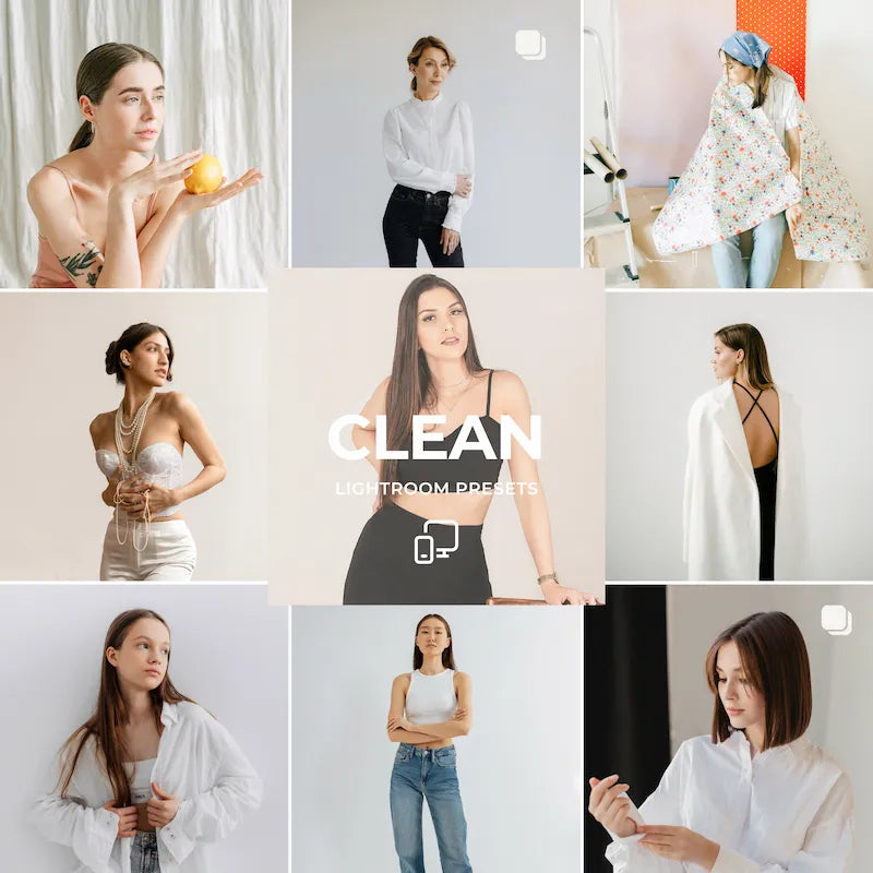 Clean Lightroom presets cover showing portraits and lifestyle photos with crisp whites, balanced color, and natural tones