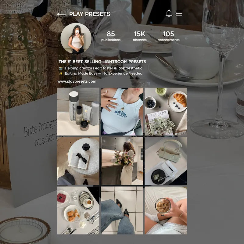 Instagram feed preview edited with Clean Lightroom presets showing consistent neutral color, crisp whites, and polished everyday photography