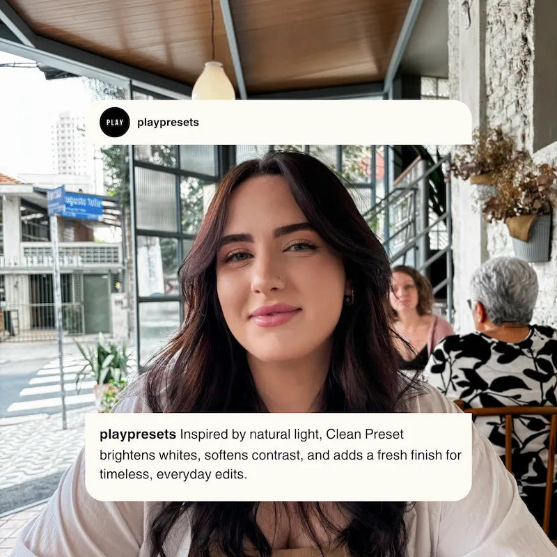 Clean Lightroom presets preview showing a natural portrait with balanced skin tones, clean color, and a subtle polished finish