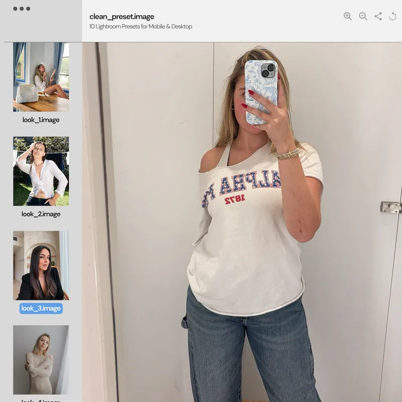 Clean Lightroom preset variations preview showing a mirror selfie with natural skin tones, clean whites, and balanced indoor light