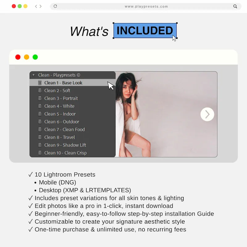 What’s included in Clean Lightroom presets collection showing 10 presets and files for mobile and desktop