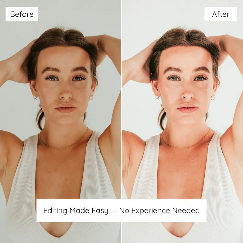 Before and after beauty portrait edited with Clean White Lightroom presets showing bright white tones and soft natural skin