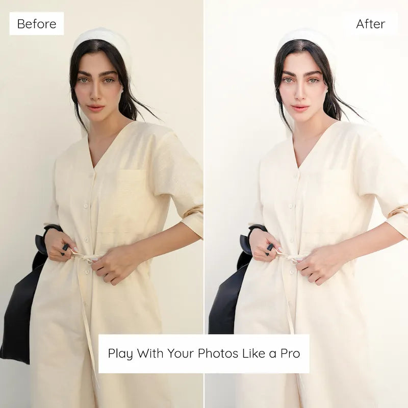 Before and after fashion portrait edited with Clean White Lightroom presets featuring crisp whites and a clean minimalist aesthetic