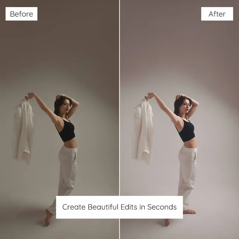 Before and after lifestyle photo edited with Clean White Lightroom presets showing bright balanced tones and an airy editorial finish