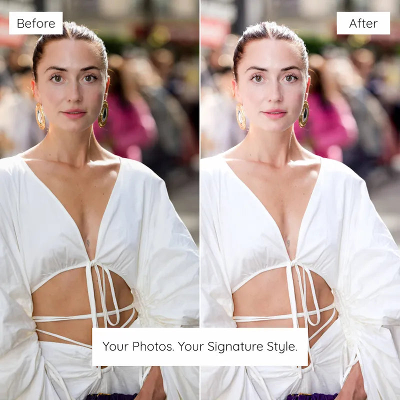 Before and after portrait edited with Clean White Lightroom presets highlighting clean whites, natural skin tones, and soft contrast