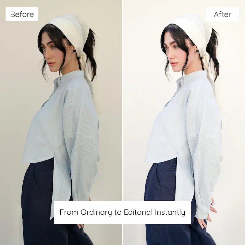 Before and after fashion photo edited with Clean White Lightroom presets showing bright minimal tones and refined white balance
