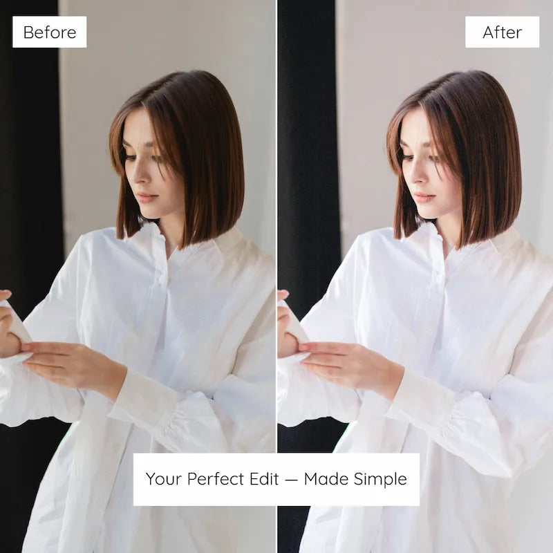 Before and after indoor portrait edited with Clean White Lightroom presets creating crisp whites and a polished editorial look
