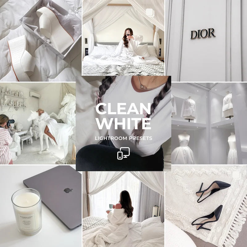 Clean White Lightroom presets cover image showing bright white tones and a clean minimalist aesthetic