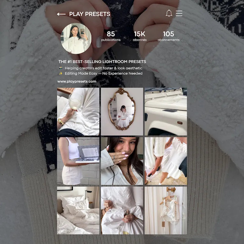 Instagram feed preview edited with Clean White Lightroom presets showing a cohesive bright white and minimalist style