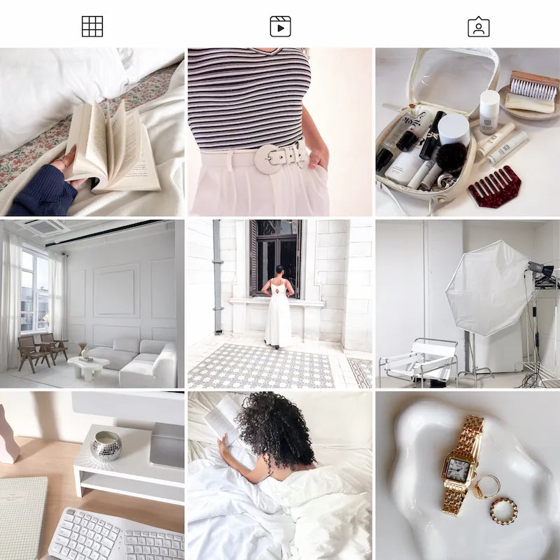 Photo grid preview edited with Clean White Lightroom presets showing consistent bright white tones across fashion and lifestyle photos