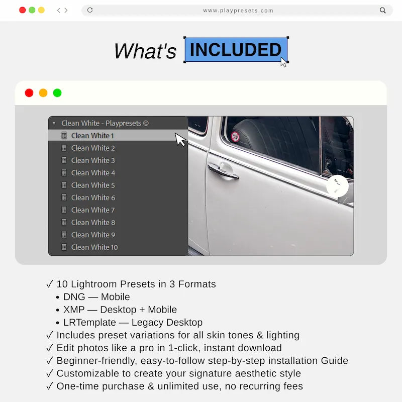 What’s included in Clean White Lightroom presets collection showing preset files and variations for mobile and desktop