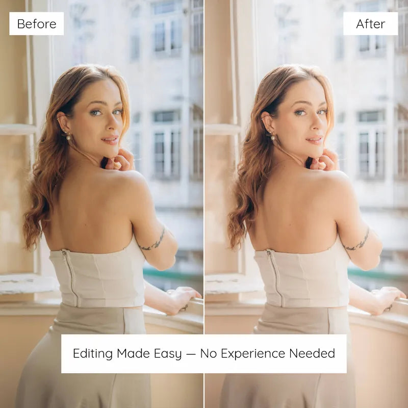 Before and after portrait edited with Creamy Lightroom presets showing soft warm tones and natural glowing skin