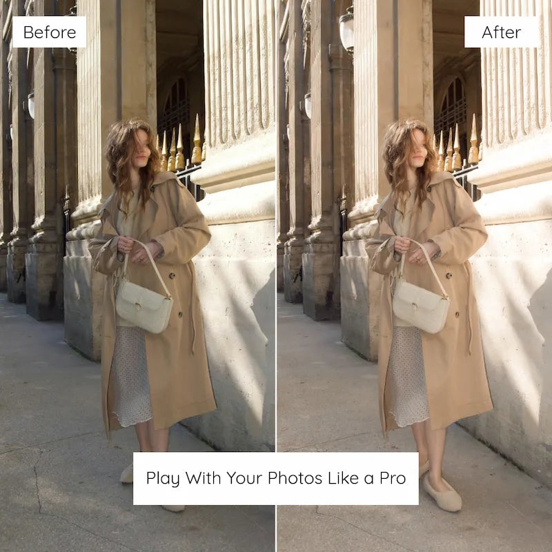 Before and after fashion photo edited with Creamy Lightroom presets showing warm beige colors and creamy highlights
