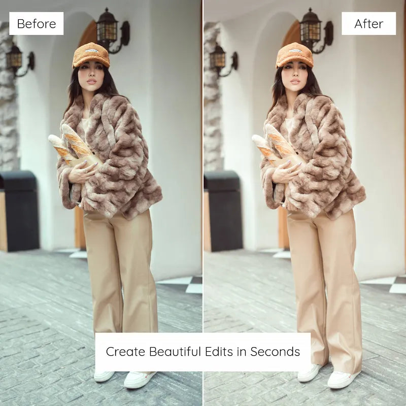 Before and after lifestyle portrait edited with Creamy Lightroom presets showing gentle golden tones and smooth contrast
