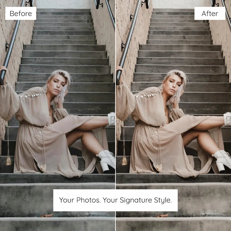 Before and after outdoor portrait edited with Creamy Lightroom presets showing lifted shadows and soft warm lighting