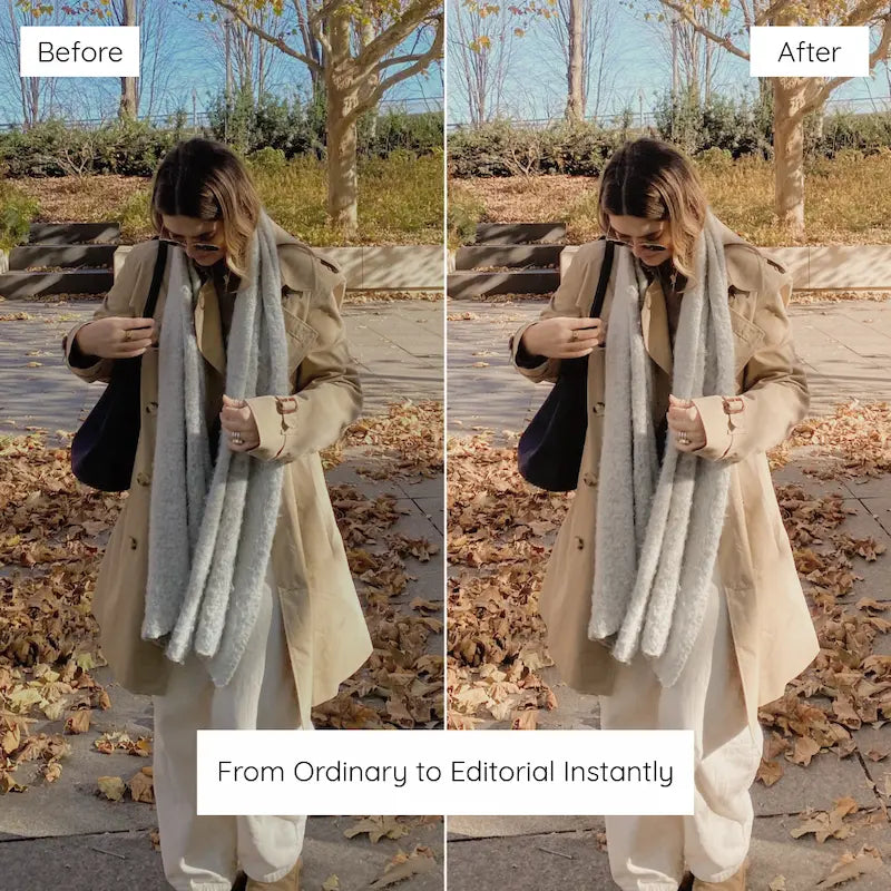 Before and after autumn lifestyle photo edited with Creamy Lightroom presets showing warm neutral tones and airy brightness