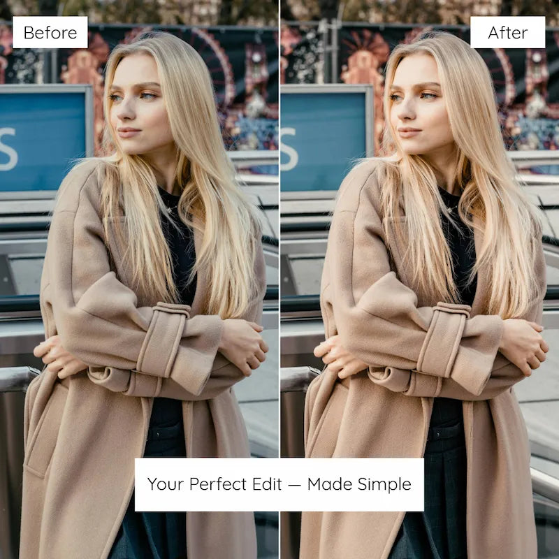 Before and after portrait edited with Creamy Lightroom presets showing creamy beige tones and balanced natural skin colors