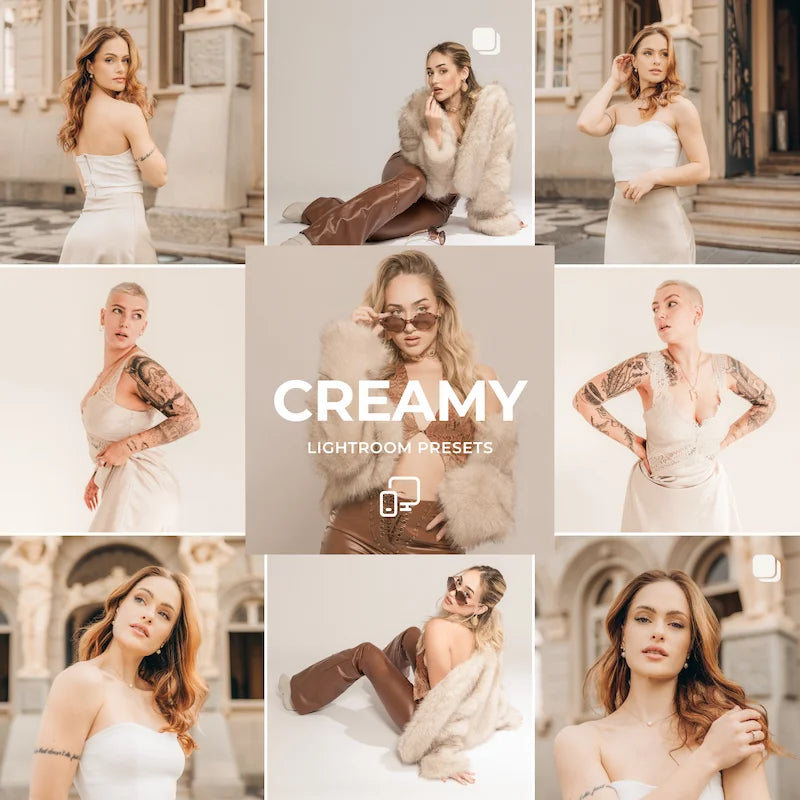 Creamy Lightroom presets cover image showing soft warm tones and elegant beauty lifestyle aesthetic