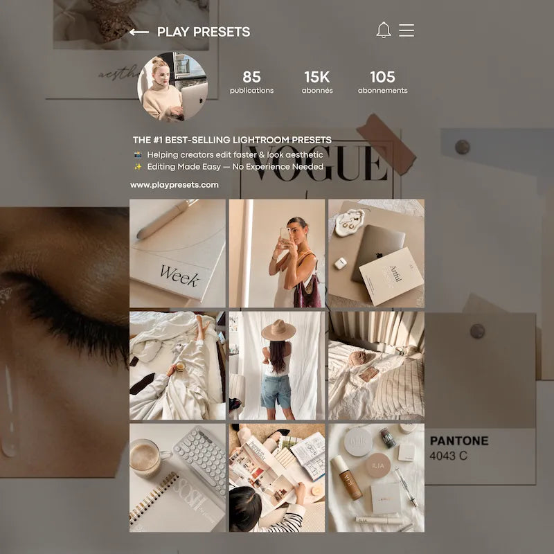 Instagram feed preview edited with Creamy Lightroom presets showing cohesive warm neutral tones and modern lifestyle content