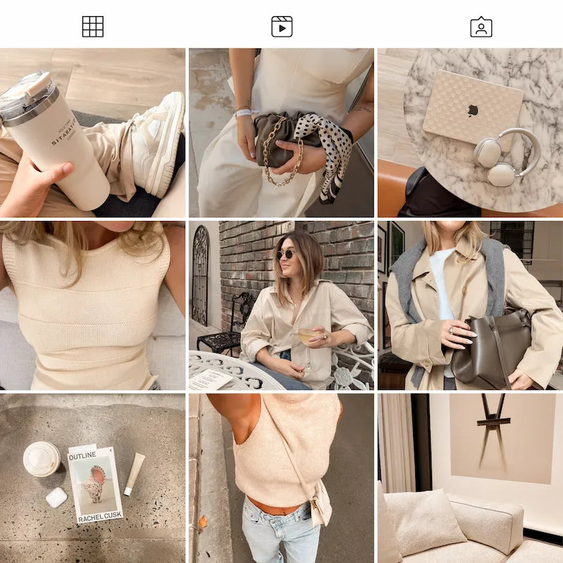 Photo grid preview edited with Creamy Lightroom presets showing consistent creamy tones across fashion and lifestyle photos